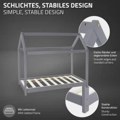 Kinderbett Hausbett 80x160 cm Hellgrau aus Kiefernholz Holzbett mit Dach und Lattenrost ML-Design
