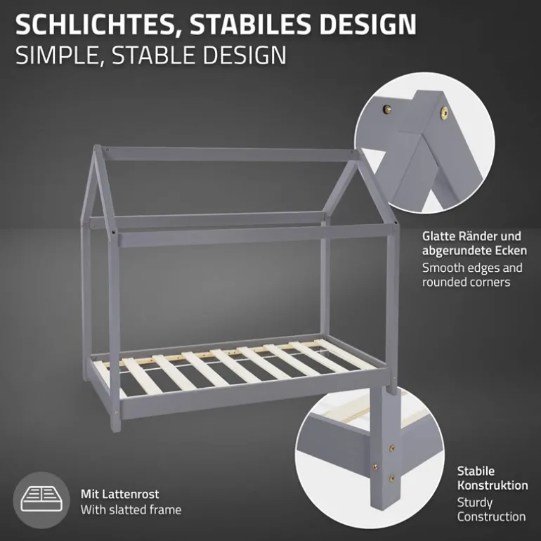 Kinderbett Hausbett 80x160 cm Hellgrau aus Kiefernholz Holzbett mit Dach und Lattenrost ML-Design