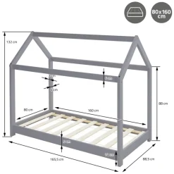 Kinderbett Hausbett 80x160 cm Hellgrau aus Kiefernholz Holzbett mit Dach und Lattenrost ML-Design