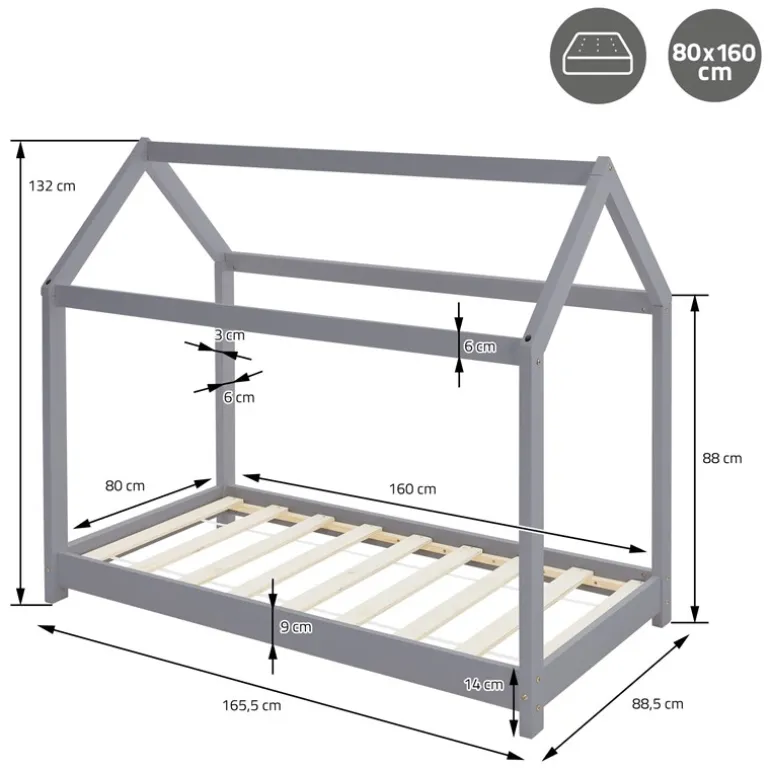 Kinderbett Hausbett 80x160 cm Hellgrau aus Kiefernholz Holzbett mit Dach und Lattenrost ML-Design
