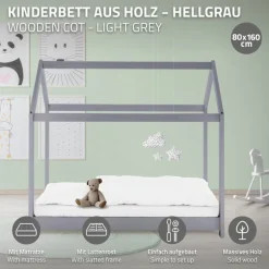 Kinderbett Hausbett 80x160 cm Hellgrau aus Kiefernholz inkl. Matratze H-10cm Holzbett mit Dach und Lattenrost ML-Design