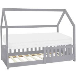 Kinderbett Hausbett 80x160 cm Hellgrau aus Kiefernholz inkl. Matratze H-10cm Rausfallschutz Dach und Lattenrost ML-Design