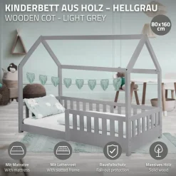 Kinderbett Hausbett 80x160 cm Hellgrau aus Kiefernholz inkl. Matratze H-10cm Rausfallschutz Dach und Lattenrost ML-Design