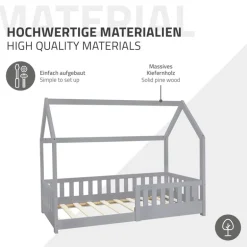 Kinderbett Hausbett 80x160 cm Hellgrau aus Kiefernholz inkl. Matratze H-10cm Rausfallschutz Dach und Lattenrost ML-Design