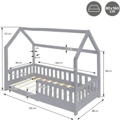 Kinderbett Hausbett 80x160 cm Hellgrau aus Kiefernholz inkl. Matratze H-10cm Rausfallschutz Dach und Lattenrost ML-Design