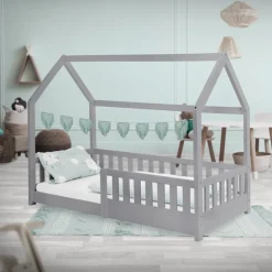 Kinderbett Hausbett 80x160 cm Hellgrau aus Kiefernholz mit Rausfallschutz Dach und Lattenrost Holzbett ML-Design