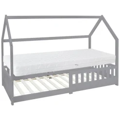 Kinderbett Hausbett 90x200 cm Hellgrau aus Kiefernholz inkl. Matratze H-16cm Rausfallschutz Dach und Lattenrost ML-Design