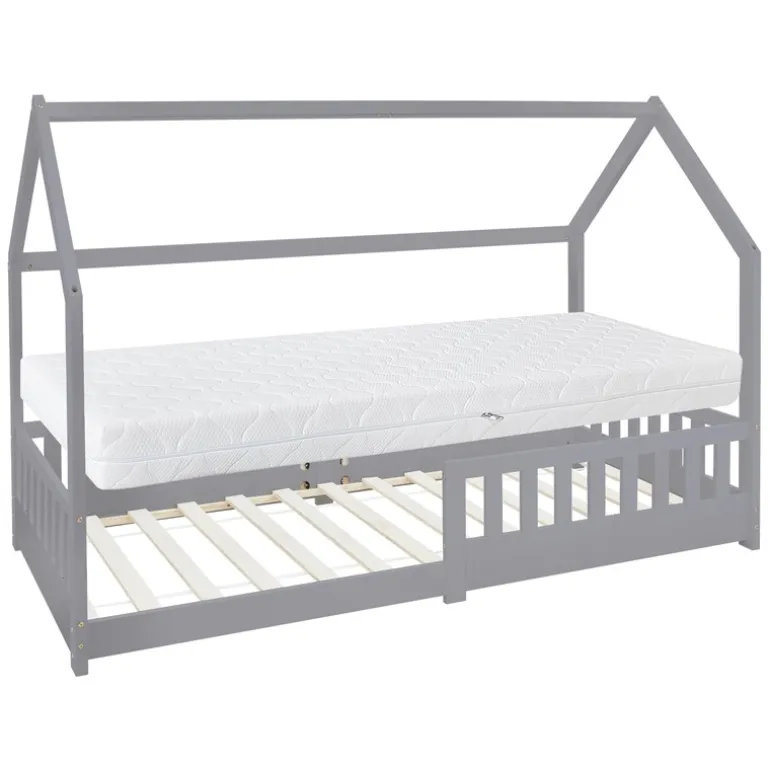 Kinderbett Hausbett 90x200 cm Hellgrau aus Kiefernholz inkl. Matratze H-16cm Rausfallschutz Dach und Lattenrost ML-Design