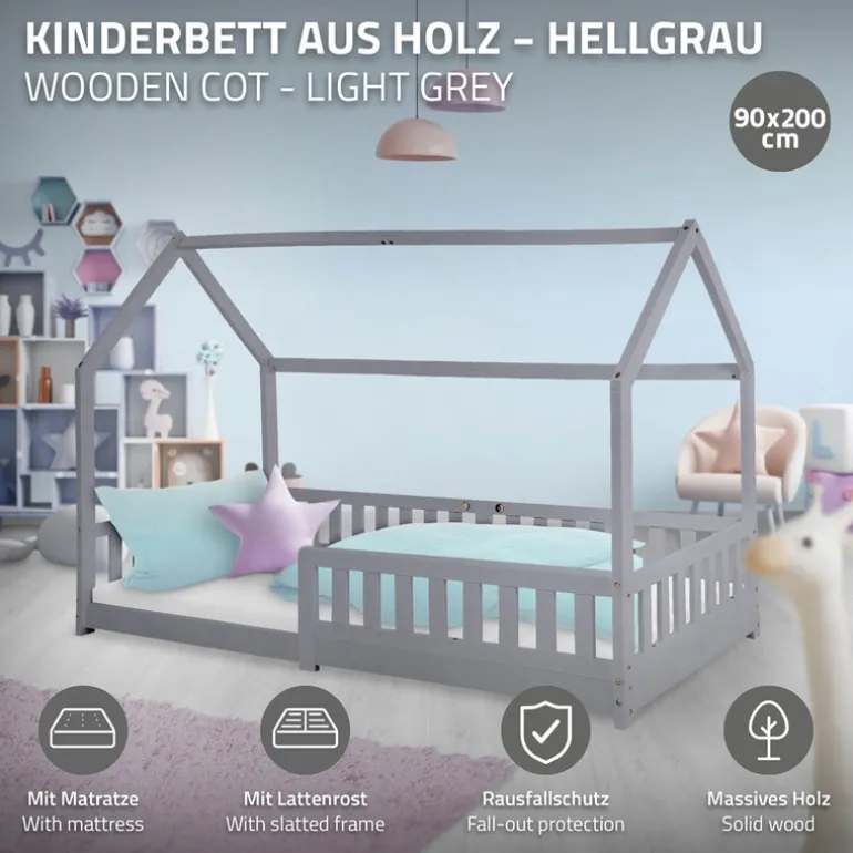 Kinderbett Hausbett 90x200 cm Hellgrau aus Kiefernholz inkl. Matratze H-16cm Rausfallschutz Dach und Lattenrost ML-Design