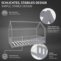 Kinderbett Hausbett 90x200 cm Hellgrau aus Kiefernholz inkl. Matratze H-16cm Rausfallschutz Dach und Lattenrost ML-Design