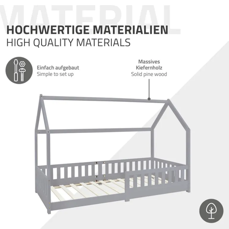 Kinderbett Hausbett 90x200 cm Hellgrau aus Kiefernholz inkl. Matratze H-16cm Rausfallschutz Dach und Lattenrost ML-Design