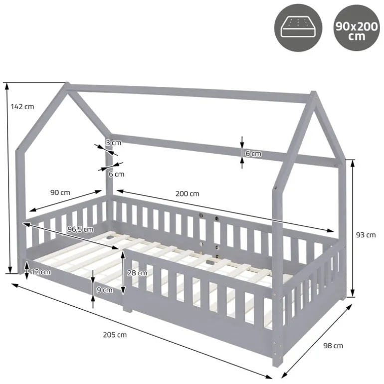 Kinderbett Hausbett 90x200 cm Hellgrau aus Kiefernholz inkl. Matratze H-16cm Rausfallschutz Dach und Lattenrost ML-Design