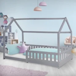 Kinderbett Hausbett 90x200 cm Hellgrau aus Kiefernholz mit Rausfallschutz Dach und Lattenrost Holzbett ML-Design