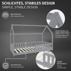 Kinderbett Hausbett 90x200 cm Hellgrau aus Kiefernholz mit Rausfallschutz Dach und Lattenrost Holzbett ML-Design