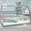 Kinderbett Hausbett 90x200 cm Hellgrau aus Kiefernholz Holzbett mit Dach und Lattenrost ML-Design