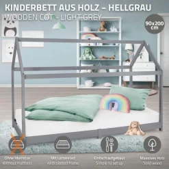 Kinderbett Hausbett 90x200 cm Hellgrau aus Kiefernholz Holzbett mit Dach und Lattenrost ML-Design