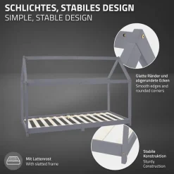 Kinderbett Hausbett 90x200 cm Hellgrau aus Kiefernholz Holzbett mit Dach und Lattenrost ML-Design