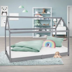 Kinderbett Hausbett 90x200 cm Hellgrau aus Kiefernholz Holzbett mit Dach und Lattenrost ML-Design