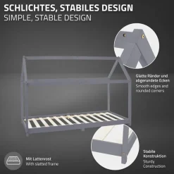 Kinderbett Hausbett 90x200 cm Hellgrau aus Kiefernholz inkl. Matratze H-10cm Holzbett mit Dach und Lattenrost ML-Design