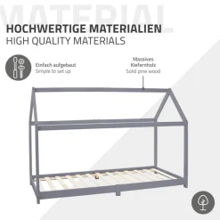 Kinderbett Hausbett 90x200 cm Hellgrau aus Kiefernholz inkl. Matratze H-10cm Holzbett mit Dach und Lattenrost ML-Design