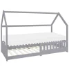 Kinderbett Hausbett 90x200 cm Hellgrau aus Kiefernholz inkl. Matratze H-10cm Rausfallschutz Dach und Lattenrost ML-Design