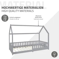 Kinderbett Hausbett 90x200 cm Hellgrau aus Kiefernholz inkl. Matratze H-10cm Rausfallschutz Dach und Lattenrost ML-Design