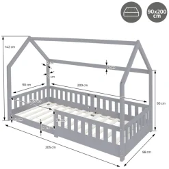 Kinderbett Hausbett 90x200 cm Hellgrau aus Kiefernholz inkl. Matratze H-10cm Rausfallschutz Dach und Lattenrost ML-Design