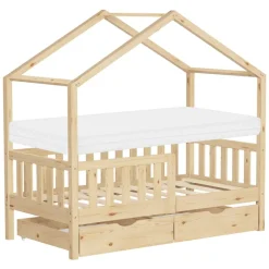 Kinderbett Hausbett 70x140 cm Natur aus Kiefernholz mit Matratze H:10cm, 2 Schubkasten, Rausfallschutz & Lattenrost ML-Design