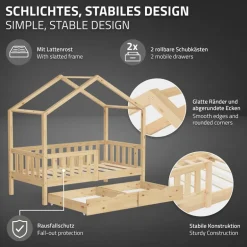 Kinderbett Hausbett 70x140 cm Natur aus Kiefernholz mit Matratze H:10cm, 2 Schubkasten, Rausfallschutz & Lattenrost ML-Design