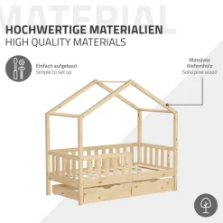 Kinderbett Hausbett 70x140 cm Natur aus Kiefernholz mit Matratze H:10cm, 2 Schubkasten, Rausfallschutz & Lattenrost ML-Design