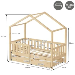 Kinderbett Hausbett 70x140 cm Natur aus Kiefernholz mit Matratze H:10cm, 2 Schubkasten, Rausfallschutz & Lattenrost ML-Design