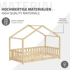 Kinderbett Hausbett 80x160 cm Natur aus Kiefernholz Holzbett mit Rausfallschutz und Lattenrost ML-Design