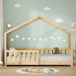 Kinderbett Hausbett 80x160 cm Natur aus Kiefernholz Holzbett mit Rausfallschutz und Lattenrost ML-Design
