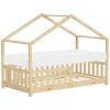 Kinderbett Hausbett 80x160 cm Natur aus Kiefernholz mit Matratze H:10cm Rausfallschutz und Lattenrost ML-Design