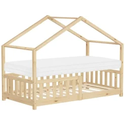 Kinderbett Hausbett 80x160 cm Natur aus Kiefernholz mit Matratze H:10cm Rausfallschutz und Lattenrost ML-Design