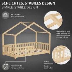 Kinderbett Hausbett 80x160 cm Natur aus Kiefernholz mit Matratze H:10cm Rausfallschutz und Lattenrost ML-Design