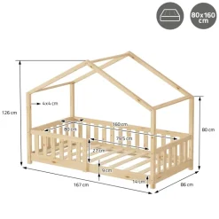 Kinderbett Hausbett 80x160 cm Natur aus Kiefernholz mit Matratze H:10cm Rausfallschutz und Lattenrost ML-Design