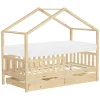 Kinderbett Hausbett 80x160 cm Natur aus Kiefernholz mit Matratze H:10cm, 2 Schubkasten, Rausfallschutz & Lattenrost ML-Design
