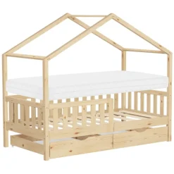 Kinderbett Hausbett 80x160 cm Natur aus Kiefernholz mit Matratze H:10cm, 2 Schubkasten, Rausfallschutz & Lattenrost ML-Design