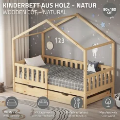 Kinderbett Hausbett 80x160 cm Natur aus Kiefernholz mit Matratze H:10cm, 2 Schubkasten, Rausfallschutz & Lattenrost ML-Design