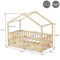 Kinderbett Hausbett 80x160 cm Natur aus Kiefernholz mit Matratze H:10cm, 2 Schubkasten, Rausfallschutz & Lattenrost ML-Design