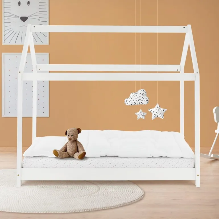 Kinderbett Hausbett 70x140 cm Weiß aus Kiefernholz Holzbett mit Dach und Lattenrost ML-Design