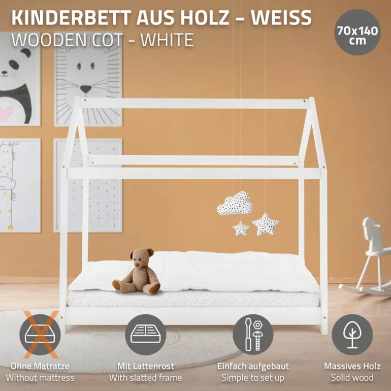 Kinderbett Hausbett 70x140 cm Weiß aus Kiefernholz Holzbett mit Dach und Lattenrost ML-Design