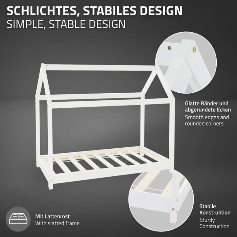 Kinderbett Hausbett 70x140 cm Weiß aus Kiefernholz Holzbett mit Dach und Lattenrost ML-Design
