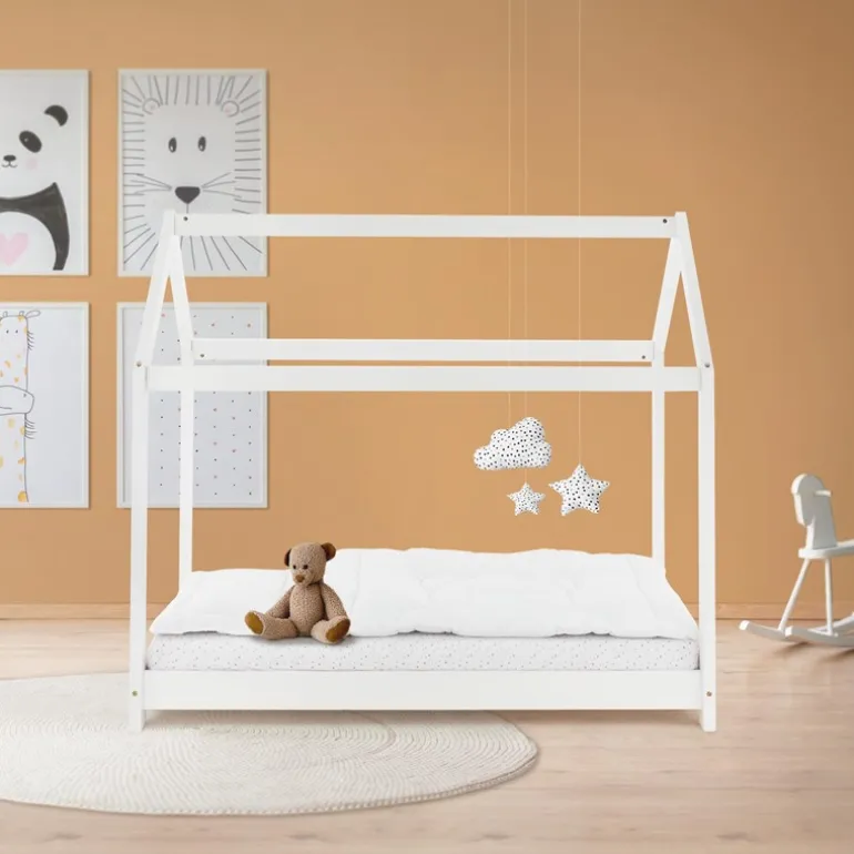 Kinderbett Hausbett 70x140 cm Weiß aus Kiefernholz Holzbett mit Dach und Lattenrost ML-Design