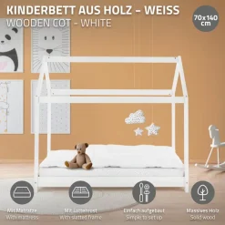 Kinderbett Hausbett 70x140 cm Weiß aus Kiefernholz inkl. Matratze H-10cm Holzbett mit Dach und Lattenrost ML-Design