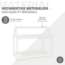 Kinderbett Hausbett 70x140 cm Weiß aus Kiefernholz inkl. Matratze H-10cm Holzbett mit Dach und Lattenrost ML-Design