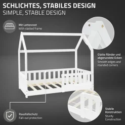 Kinderbett Hausbett 70x140 cm Weiß aus Kiefernholz inkl. Matratze H-10cm Rausfallschutz Dach und Lattenrost ML-Design