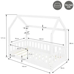 Kinderbett Hausbett 70x140 cm Weiß aus Kiefernholz inkl. Matratze H-10cm Rausfallschutz Dach und Lattenrost ML-Design