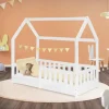 Kinderbett Hausbett 70x140 cm Weiß aus Kiefernholz mit Rausfallschutz Dach und Lattenrost Holzbett ML-Design